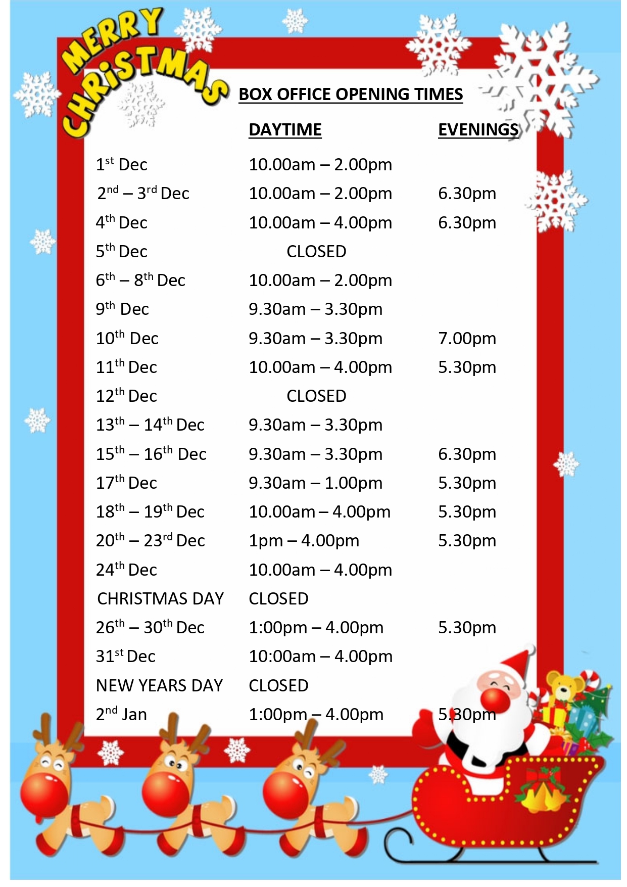 Box Office December Opening Times